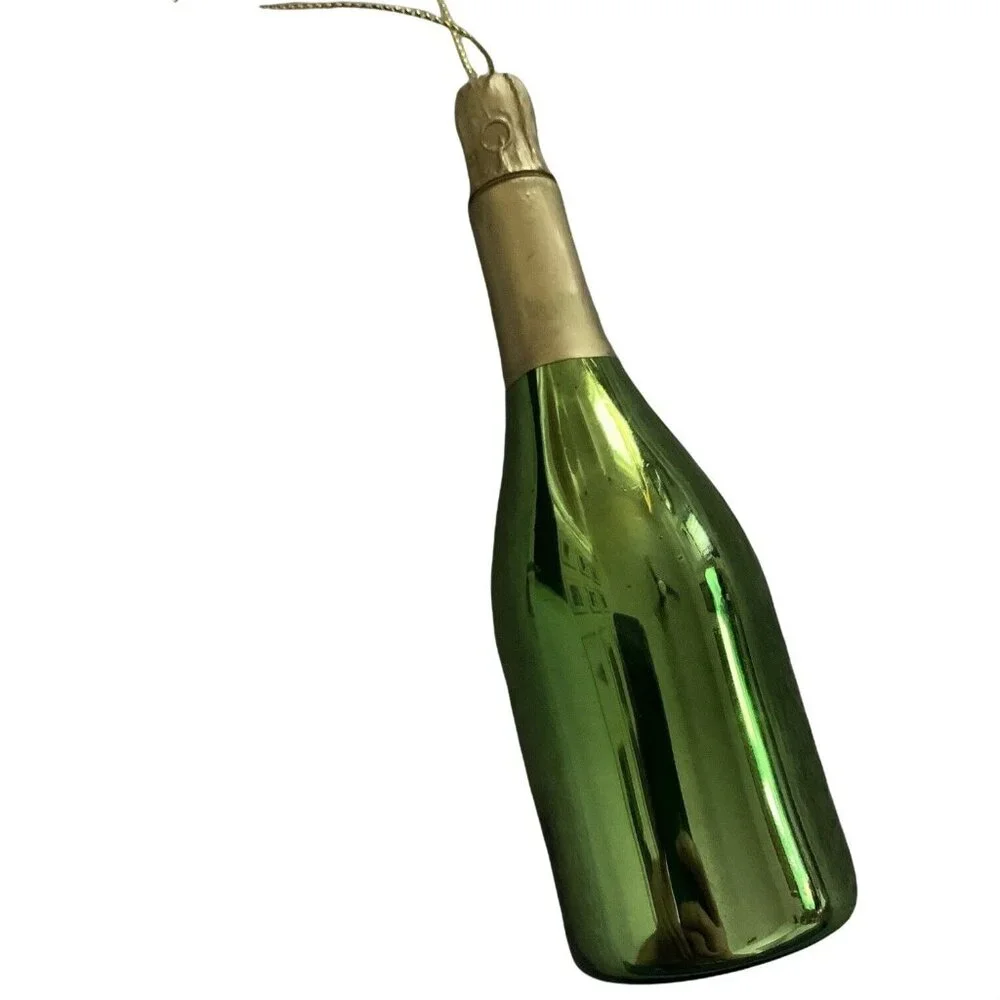 West Elm Ornament Glass Champagne Bottle Green Gold Christmas